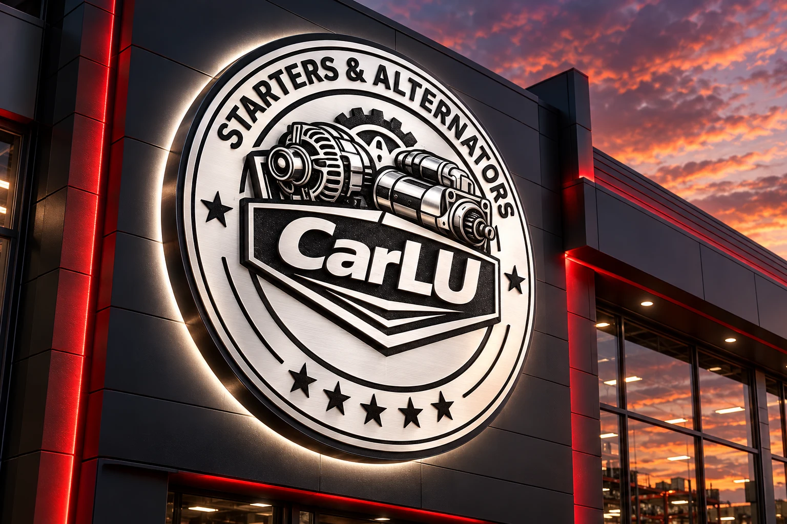 Visualisation du logo CarLU en enseigne 3D éclairée sur une façade