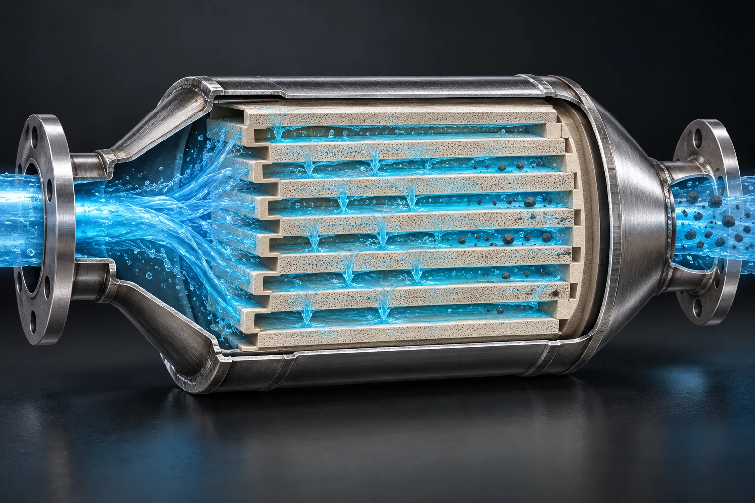 Illustration en coupe d’un filtre DPF traversé par de l’eau sous pression